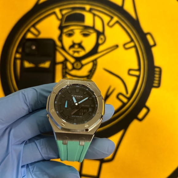 Casio G-Shock GA-2100 “CasiOak” – Silver Custom Bezel, Turquoise Strap, Analog-D - Picture 6 of 11